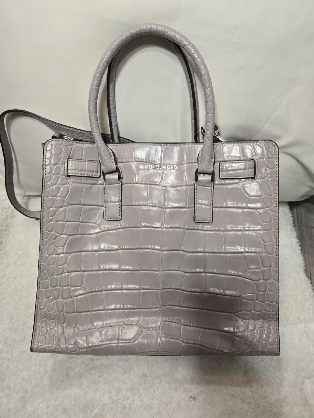 Michael Kors Dillon Satchel Dove Gray Croc Embossed Leather Shoulder Bag